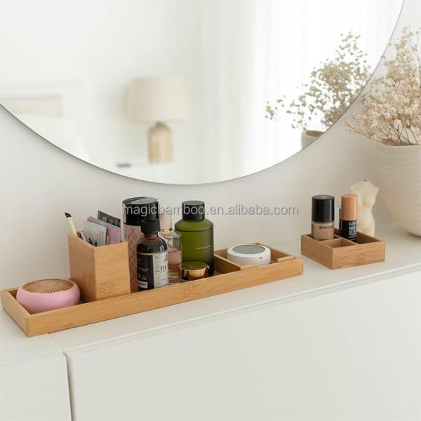 Efficiently Organize Your Bathroom with 6-Piece Bamboo Vanity Tray Set 38x10.5x10.1cm
