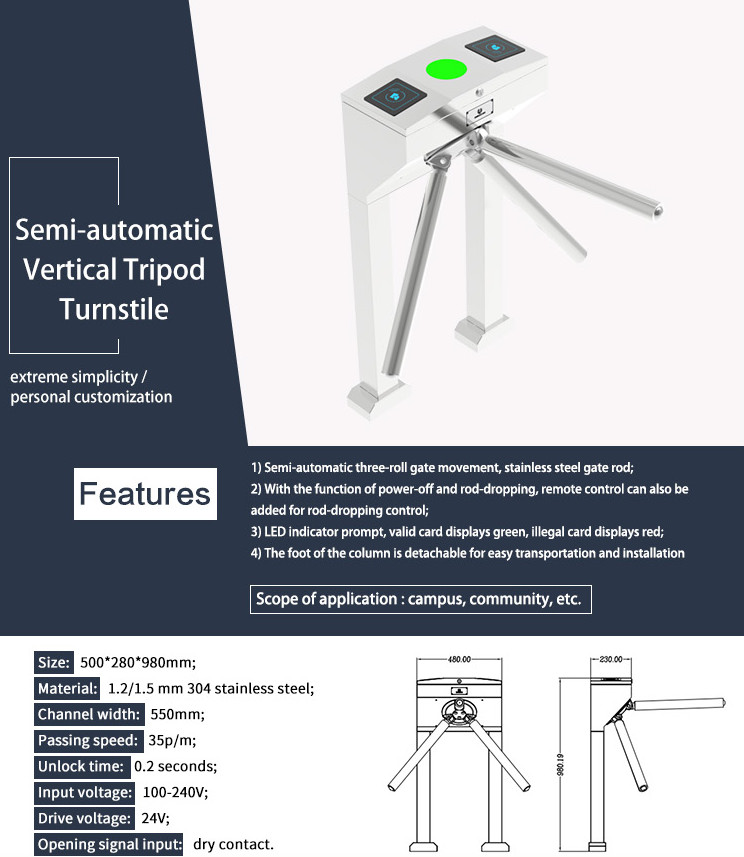 Access Control Vertical Tripod Turnstile Bi Direction Foot Detachable