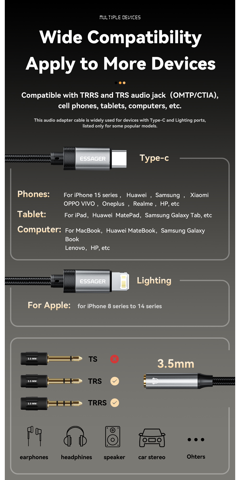 USB C Lightning To 3.5mm OTG Adapters For Mobile Phones Tablets Headphone