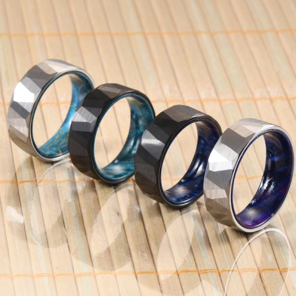 Sample Making Service Provided 8mm Faceted Silver Black Wedding Band Olive Wood Sleeve Inlay Tungsten Ring for Men Women