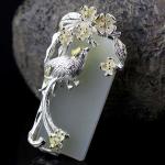 925 Sterling Silver Sculptured Flower Bird Natural Jade Pendant Necklace
