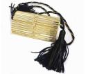 Ladies Earthly Solid Gold Coloured Clutch Bags With Black Pu Leather Tassel