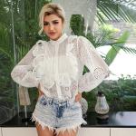 Lantern Sleeved High Neck Flared Blouse Chic Black High Waisted Lace Tops With