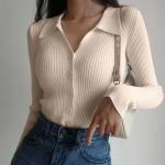 2023 Lapel Slim Top Women′s Hollowed out Button Sexy V-Neck Long-Sleeved Polo