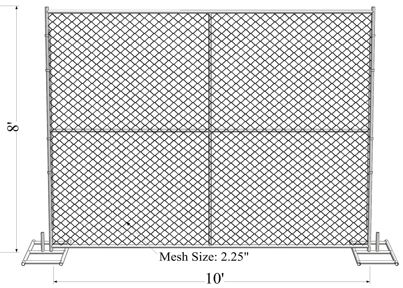 8ftx12ft 1830mm x 2650mm tubing 1½"(38mm) cross brace temporary chain link fence mesh spacing 2¼"x2¼"(57mmx57mm)