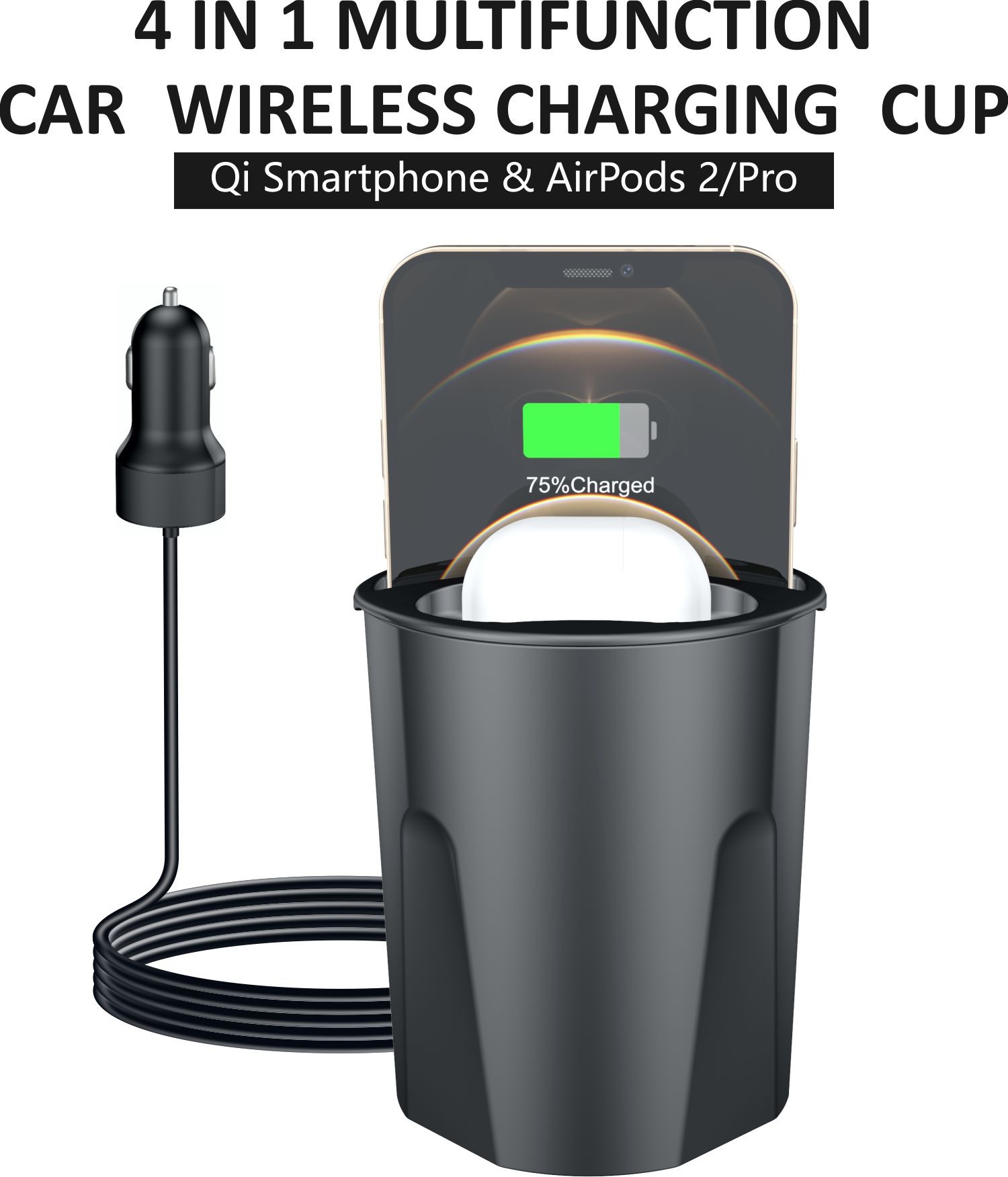Cup Car Wireless Charger With Convenient Wireless Charging & Cable Charging