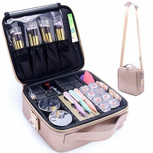 Rose Gold Travel Makeup Train Case , Makeup Storage Bag With Adjustable Shoulder