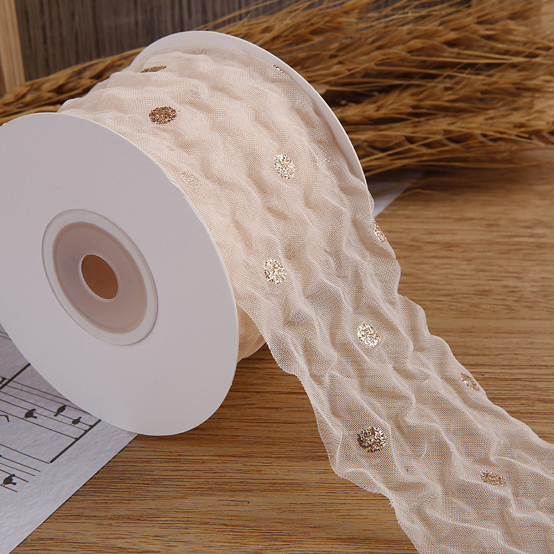 50mm Organza Ribbon With Dot Pattern Gold Foil Printed Polyester Organza Ribbon OEM Eco Friendly