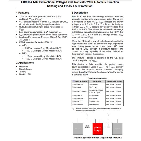 TXB0104RGYR Voltage Level Translator Bidirectional 1 Circuit 4 Channel 100Mbps