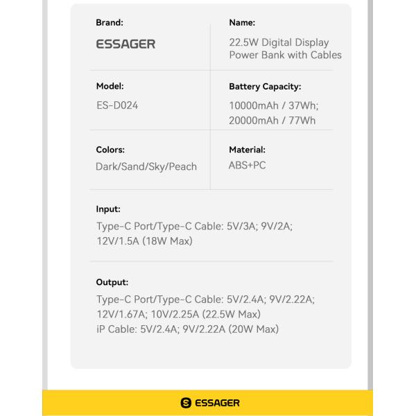 Essager ES-D024 Small 22.5W Digital Display 10000 Mah Fast Charging Power Bank Built in Cable