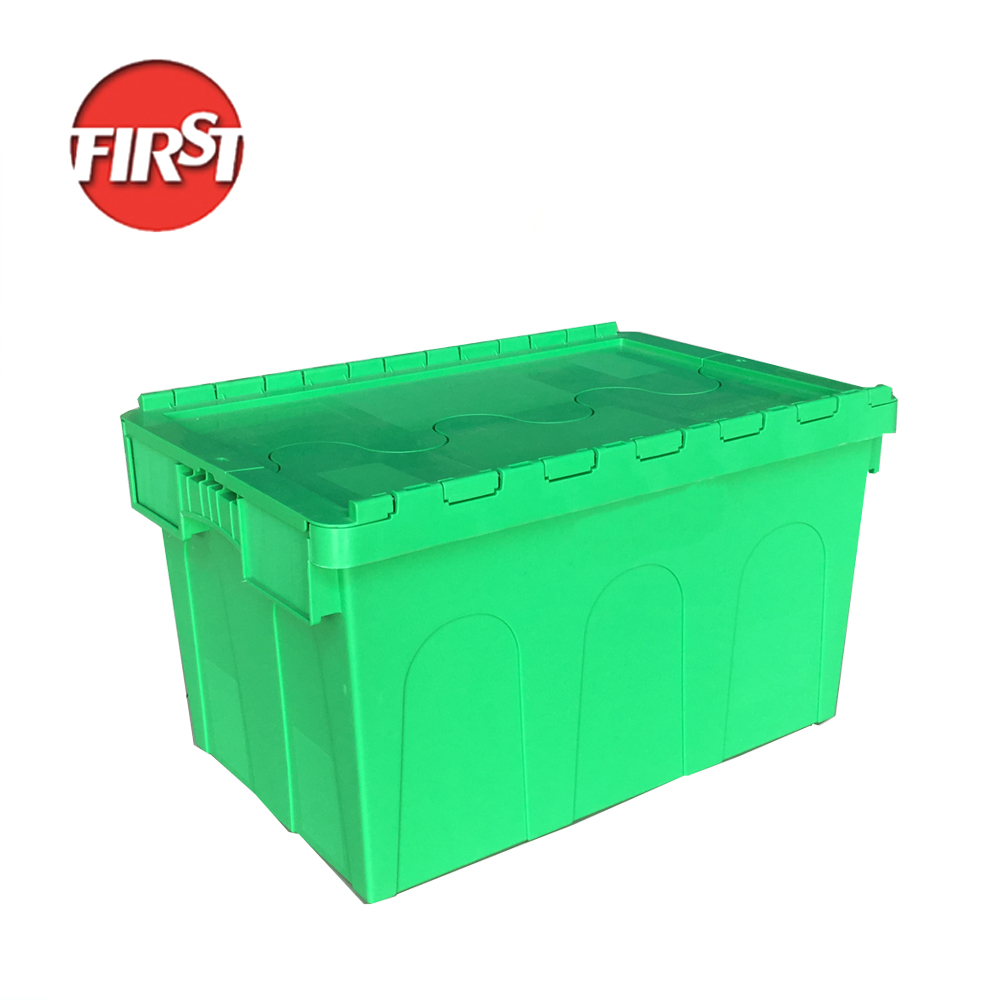 66L Plastic Storage Tote with Hinged Attached Lid Container 600*400*350mm High Volume