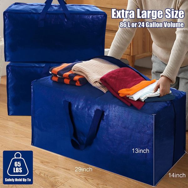 Heavy Duty Extra Large Moving Bags W/Backpack Straps - Strong Handles & Zippers, Storage Totes For Space Saving