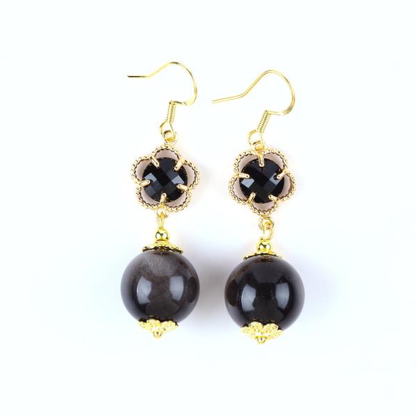 Handmade Crystal Stone Earrings Silver Sheen Obsidian Gemstone Beaded Pendant