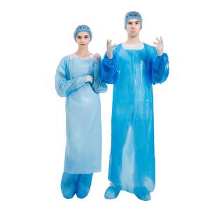 Wholesale Plastic Disposable CPE Gown Blue Waterproof With Rubber Cuffs from china suppliers