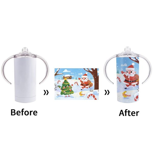12oz Blank Stainless Steel Sublimation Tumblers Straight Sippy Cup With Straw Baby Feeding Bottle With Handle