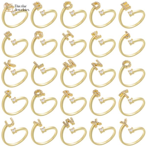 Open Adjustable 18k Gold Plated Diamond Letter Rings Zircon A-Z Alphabet