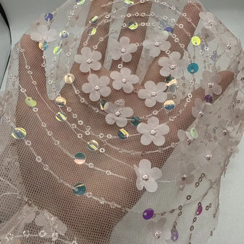 New Fashion 100%polyester 70gsm Mesh Lace Sequin Embroidery Fabric For Women Stage Clothing