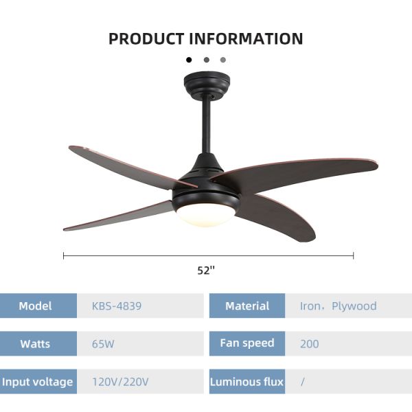 3000-5000K 50000Hour Iron Plywood Metal Blade Ceiling Fan Lamp Energy Saving