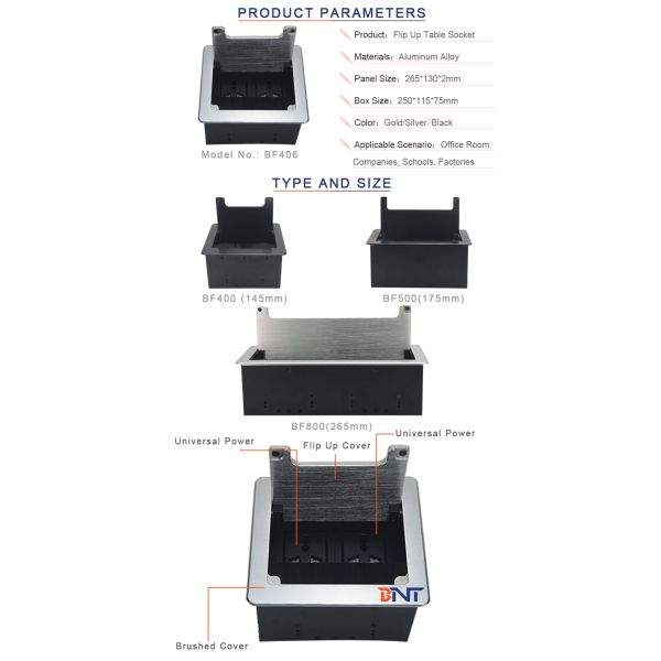 BNT Cable management brush clamshell multifunction universal power tabletop flip up socket