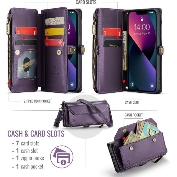 iPhone 13 case, zipper wallet with 7 cards, leather magnetic flip-flop wristband