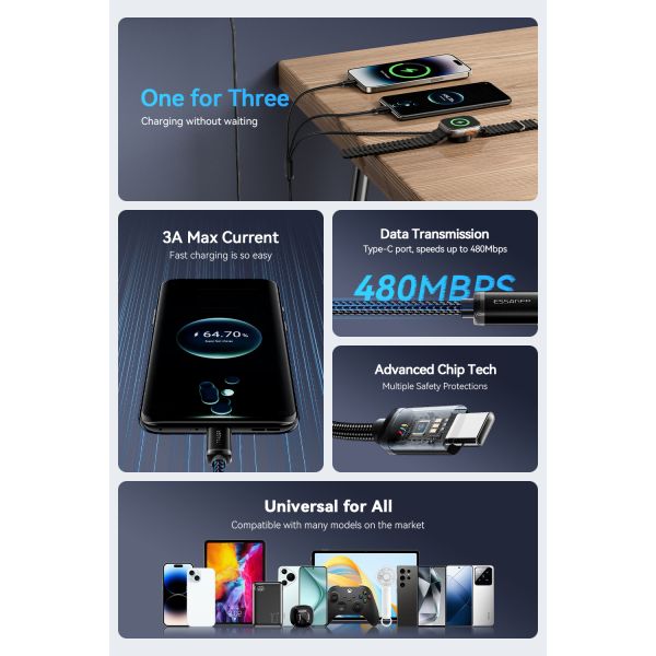 USB A To USB C + L + Watch Cable 3 In 1 Charging Cable 3A ES-X60 Series