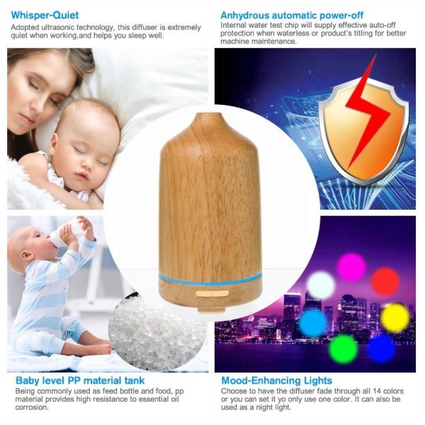 Waterless 100ml Wood Grain Aroma Diffuser ROHS FCC Ultrasonic Mist Humidifiers