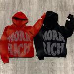 Anti Shrink Rhinestone Logo Hoodie Bottom Cut Edge Unisex Heavyweight Pullover
