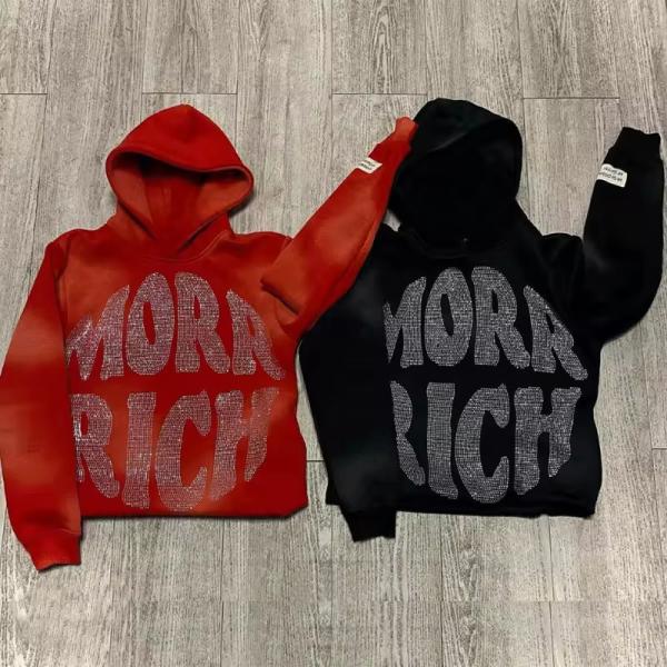 Anti Shrink Rhinestone Logo Hoodie Bottom Cut Edge Unisex Heavyweight Pullover