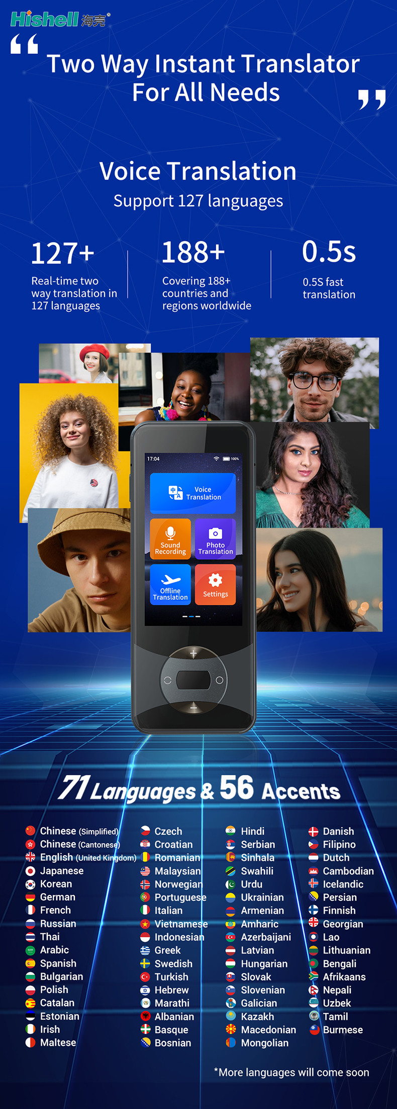 Wireless Real Time Voice Language Translators Device Lightweight With 3IPS Display