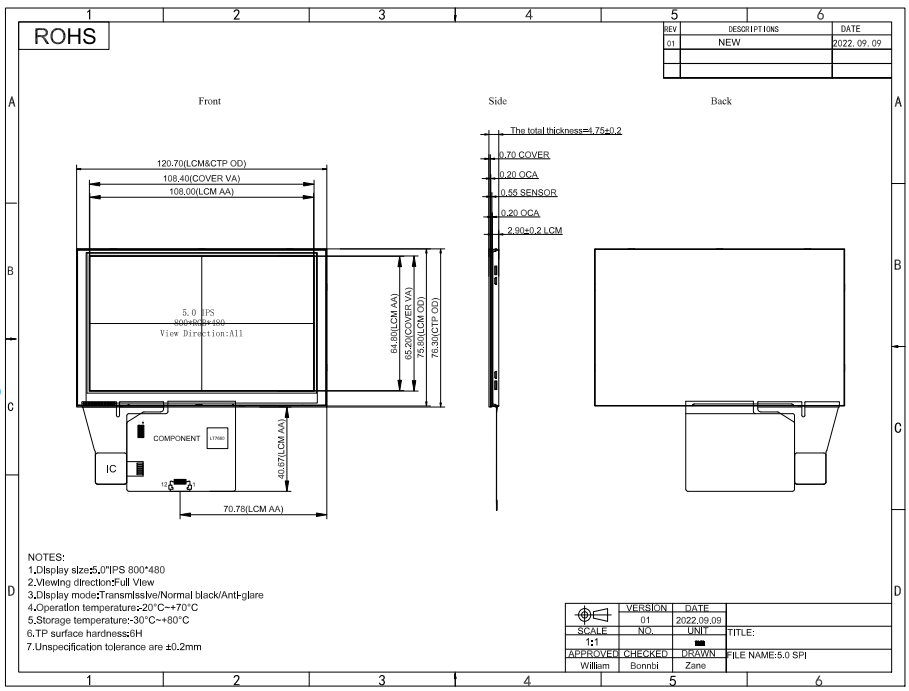 300cd/M2 5 Inch LCD Touch Screen TFT LCD Panels With 12pin SPI Interface