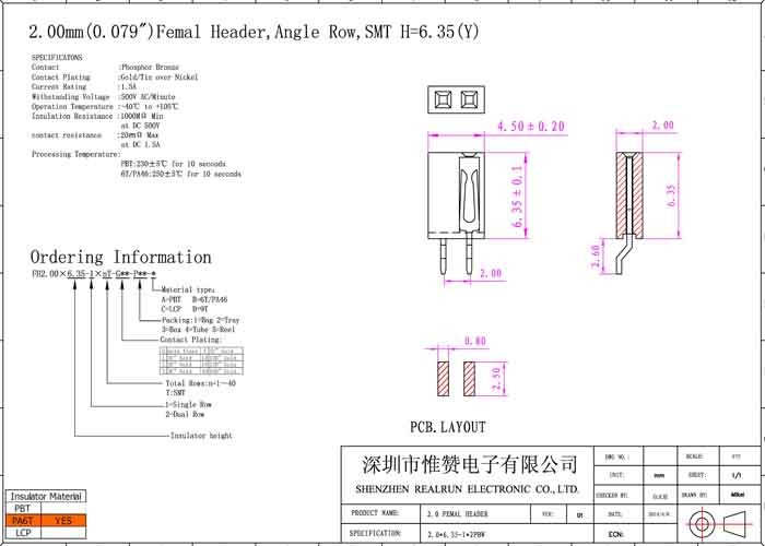 Black Single Row Female Header SMT Type Horizontal 2.0 Mm Pitch Connector