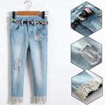 Light Blue Slim Fit Girls Adjustable Waist Jeans Pant With Lace On Hem
