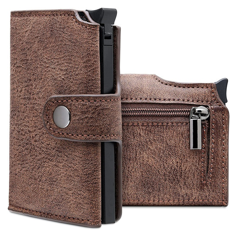 Convenient Carbon Brazed Three-Fold Automatic Card Holder Genuine Leather Men's Wallet