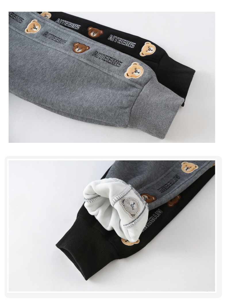 Thickened Warm Casual Grey Black Childrens Joggers Cartoon Bear Pattern