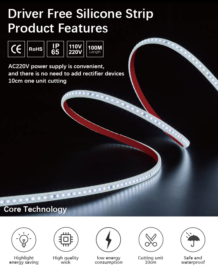 Driver Free SMD2835 120D 110V LED Strip IP65 PVC LED Rope Light CE RoHS High Voltage White