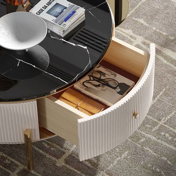 P2 MDF Body Round Coffee Table With Storage Marble Texture ISO Certificated