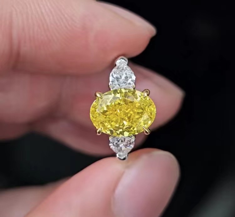 Fancy Vivid Yellow Lab Grown Diamond Rings Lab Created Colored Diamonds Three Stone Ring