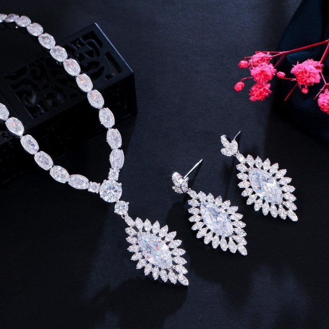 Wholesale Jewelry Set CZ Pendant Necklace Crystal Cubic Zircon Necklace Earrings Jewelry Set necklace earrings For Women