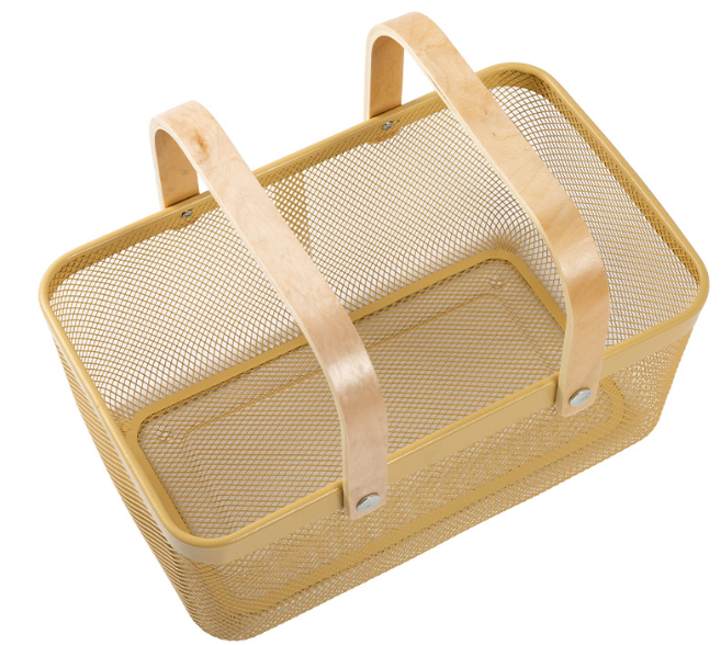 Rectangular Rustproof 750g Metal Wire Fruit Basket With Wood Handle