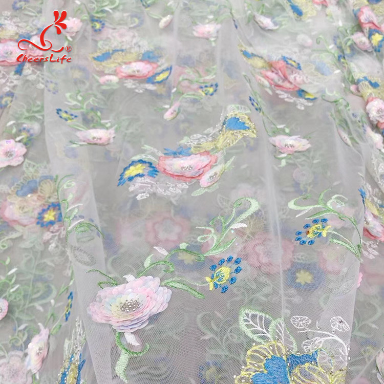 Colorful Floral Embroidery Fabric With Sequins Swiss Mesh Volie Lace