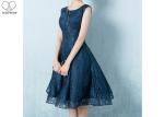 Navy Blue Lace Short Length Prom Dresses Knee Length Sleeveless And Beading