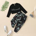 Children'S Outfit Sets Round Neck Letter Printing Top Camouflage Trousers Two