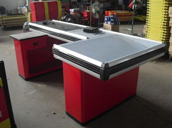 Supermarket Grocery Store Checkout Counter / Steel Cash Register With Conveyor