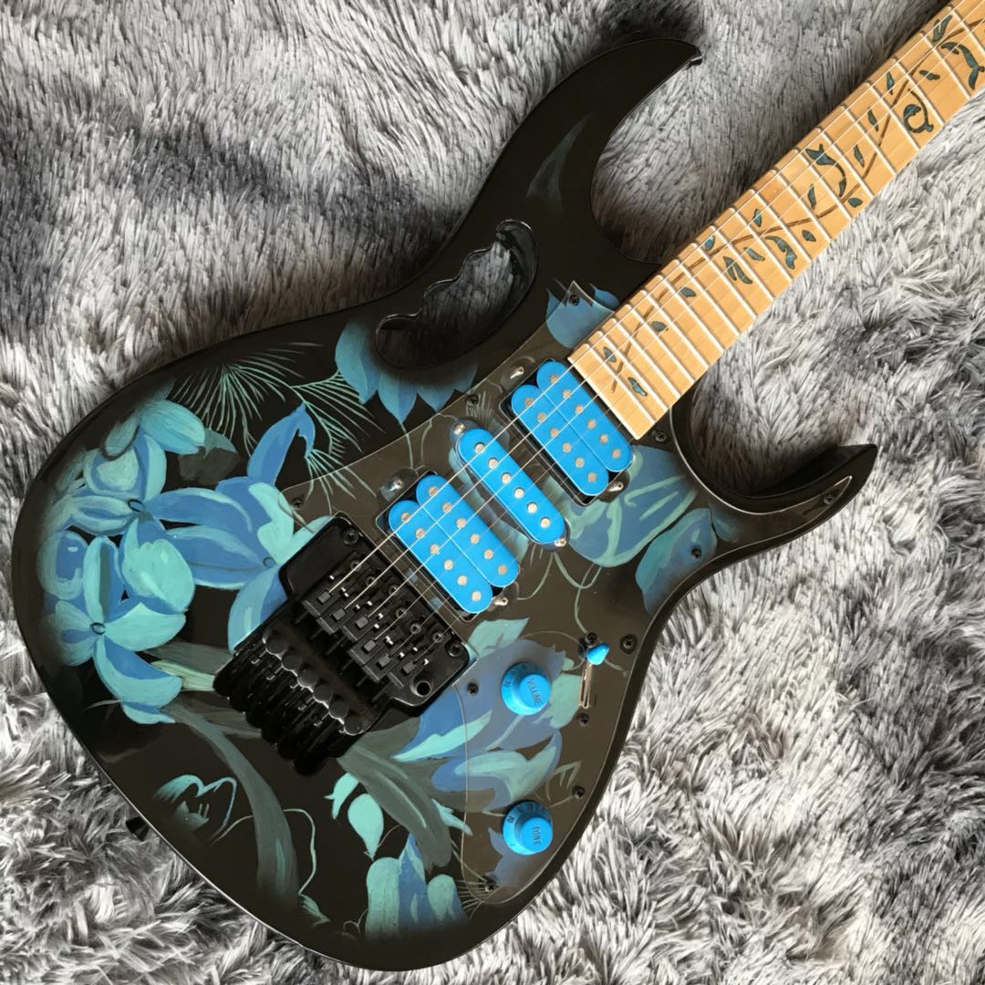 Custom Ibanez Style Jem77p Steve Vai Electric Guitar in Blue Floral Pattern