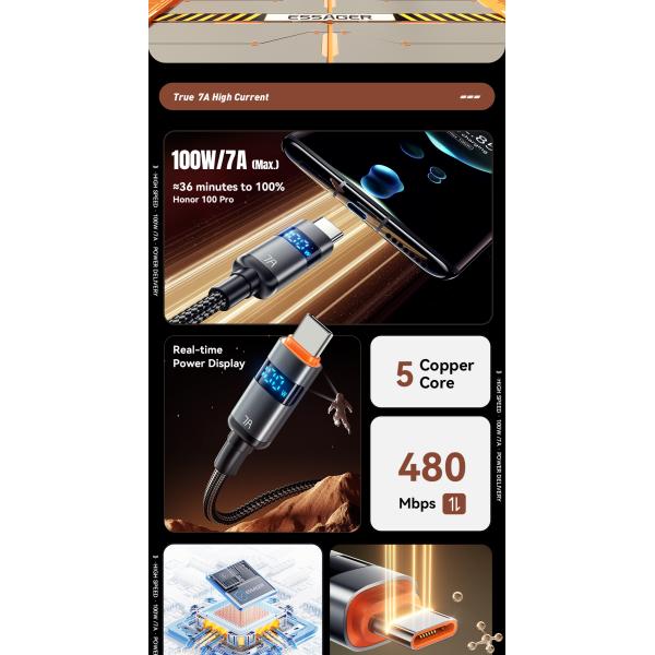 ESSAGER ES-X61 USB A to C Cable 100W Fast Charging Grey