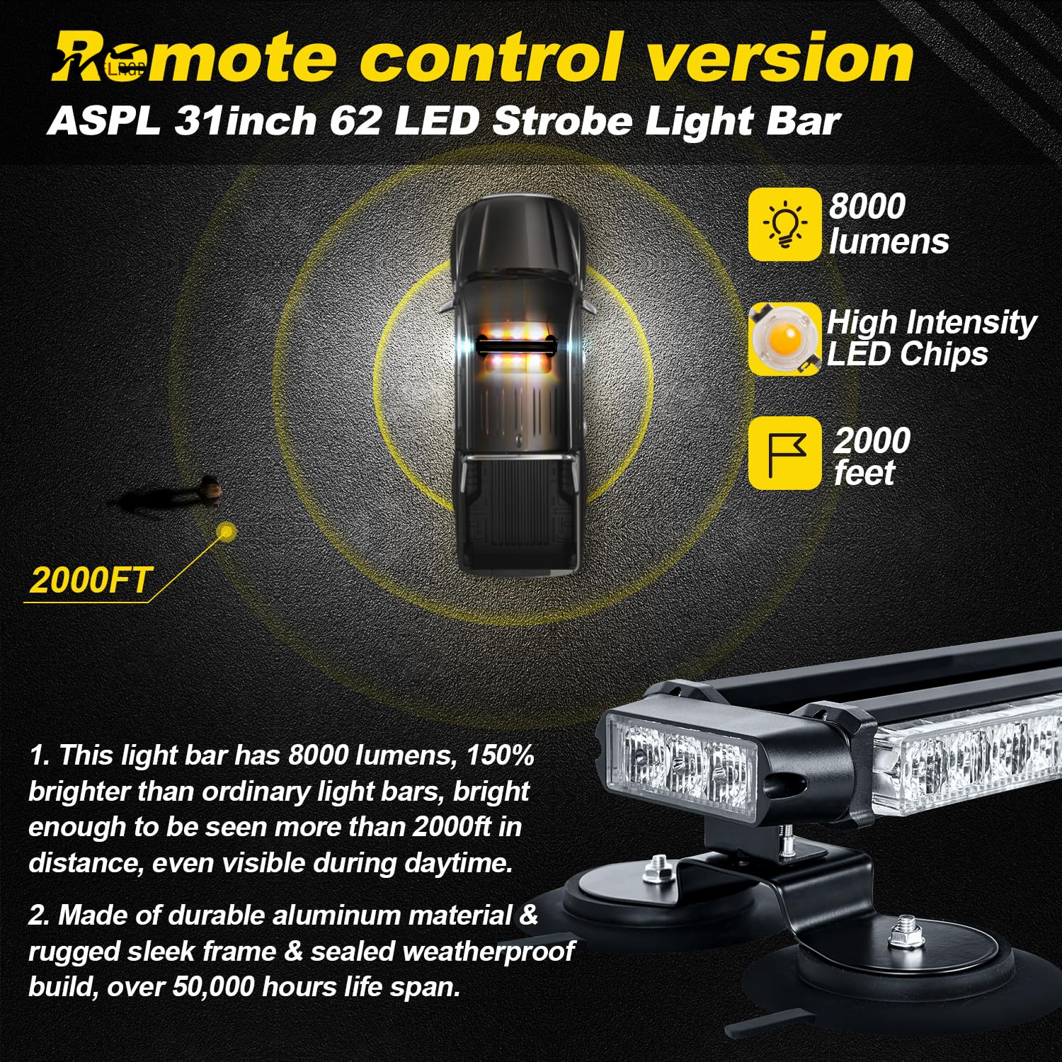 Double Side Flashing Emergency Warning 31" LED Strobe Light Bar with Remote Control