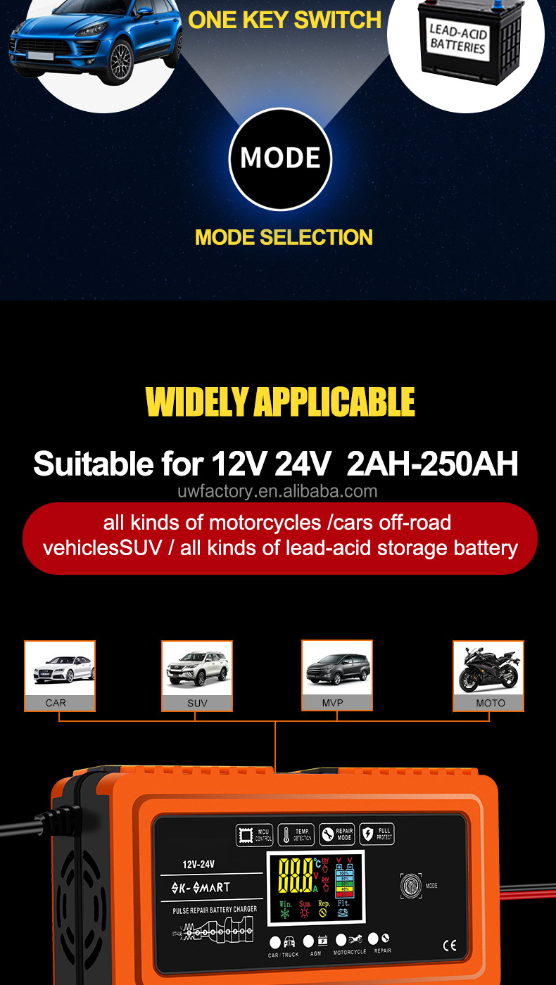 12V/20A Intelligent Repair Type Automatic 9-Stages LCD Car Battery Charger for Dry Wet Lead Acid Battery Power Charging