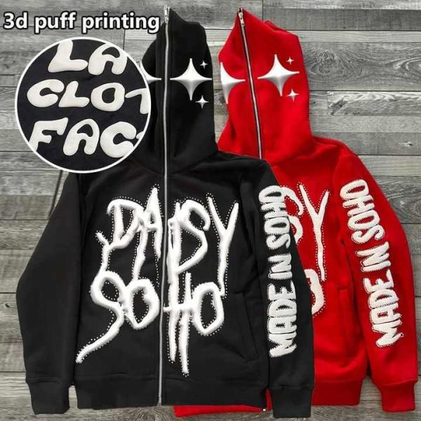 Men'S Puff Print Zip Up Hoodie Full Face Rhinestone 3d Puff Printing For