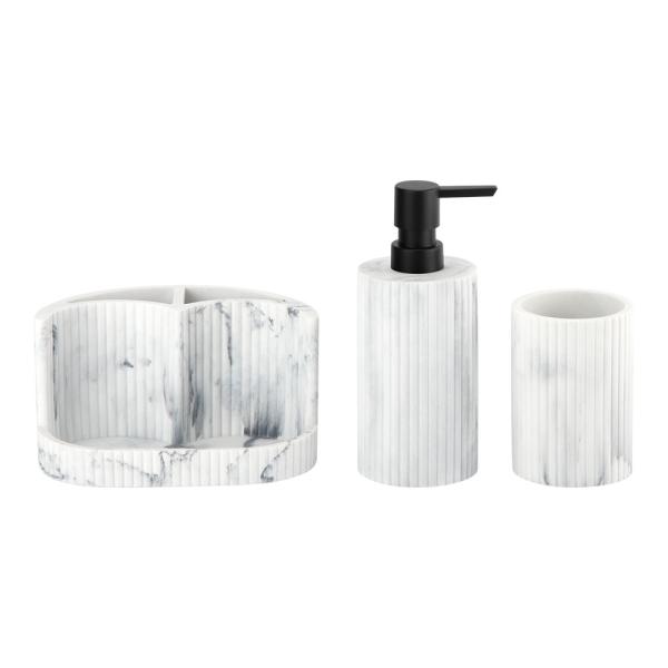 White Marble Print Polyresin Bathroom Accessories Set Caddy Ribbed Vertical