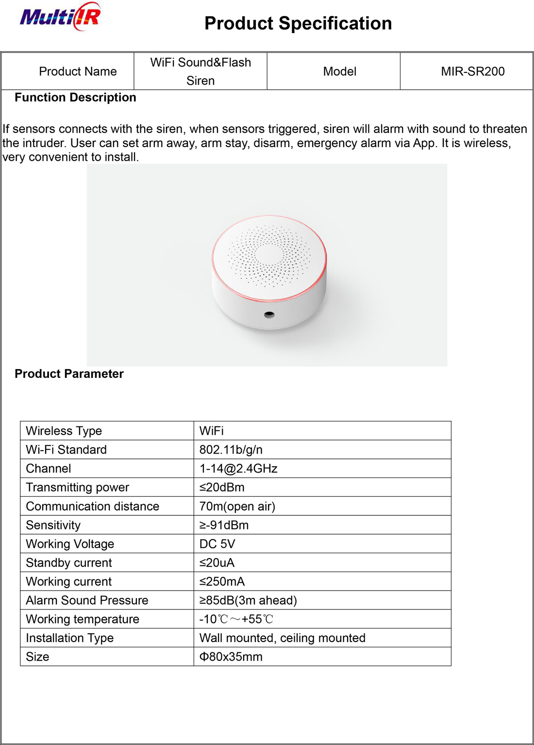 Wi-Fi Smart Siren(MIR-SR200)